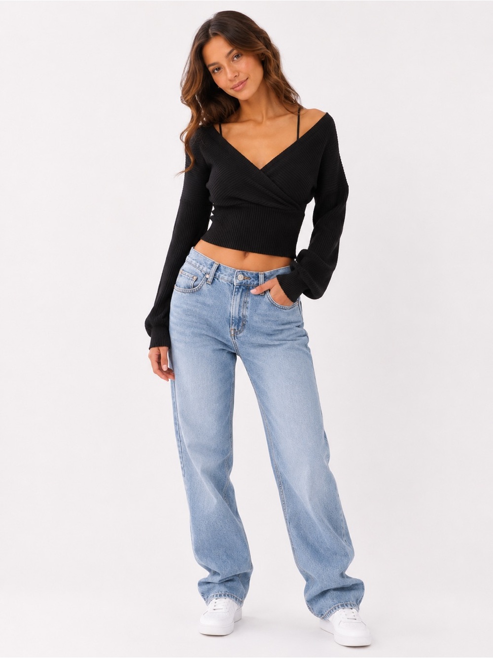 5/$25 🎉 Black Ribbed Wrap Cropped Sweater - Black